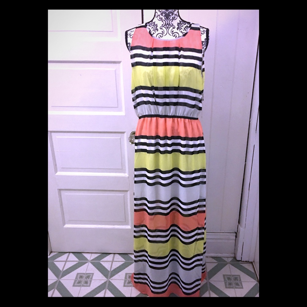 Tahari Sunrise Blouson Striped Maxi Dress L